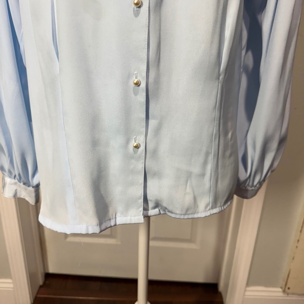 Vintage Le Blouse Powder Blue Long Sleeve Button Down with Lace Collar Size 10 - Picture 5 of 11